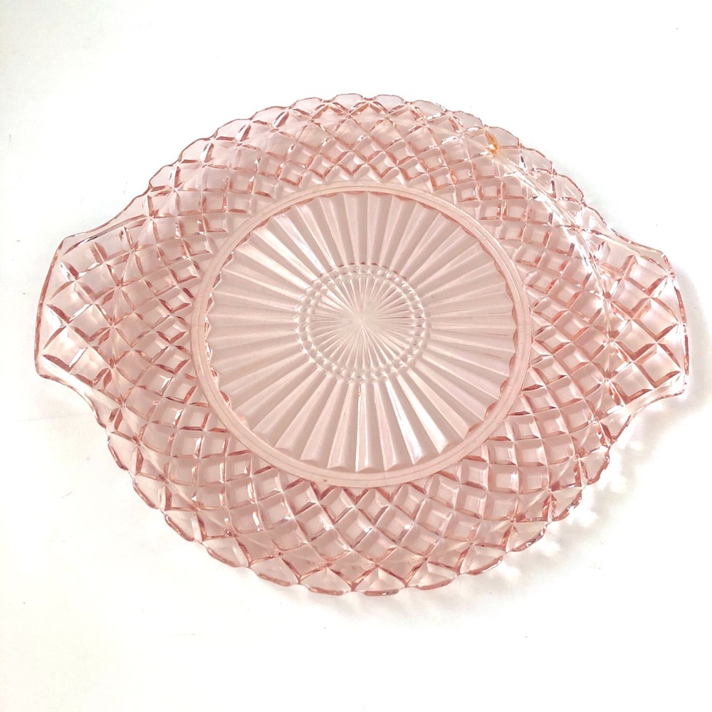 Vtg Anchor Hocking Pink Depression Glass Waterford Waffle Handled Cake Plate